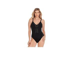 Magicsuit Woman's BLACK Solid Sutton Zip Front‎ One Piece Swimsuit SZ 12